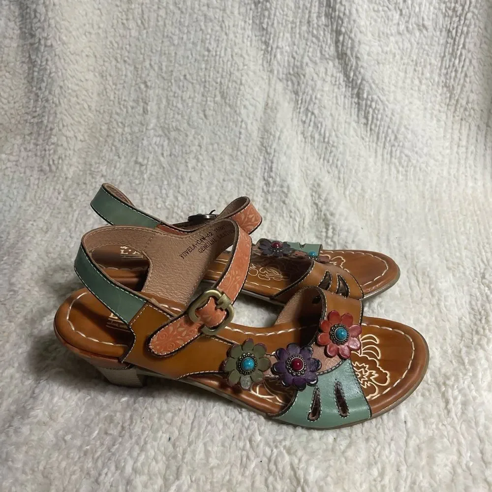 L'ATISTE by Spring Step Yovela multi color Floral Sandals block heels SZ42 US10
